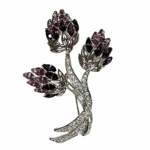 Nolan Miller Brooch Pin Rhinestones 3 Flowers Bouquet Runway Statement Purple
